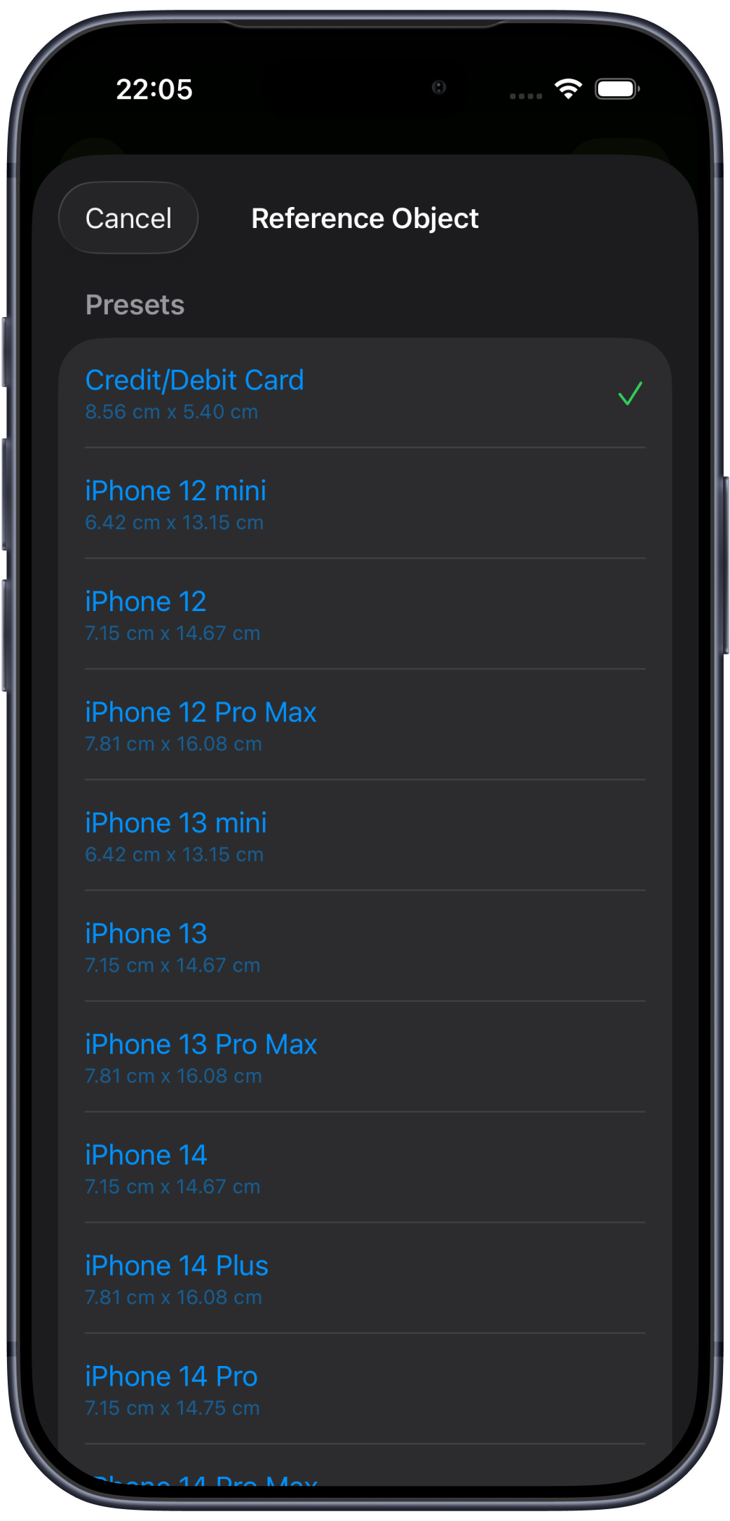 Choose a reference object — card, phone, or custom size